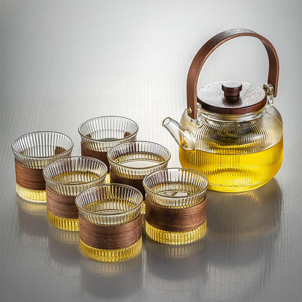 Traditional Chinese Gongfu Glass Tea Set with Vertical-Handle Striped Teapot, 6 Cups & Floral Acacia Tray