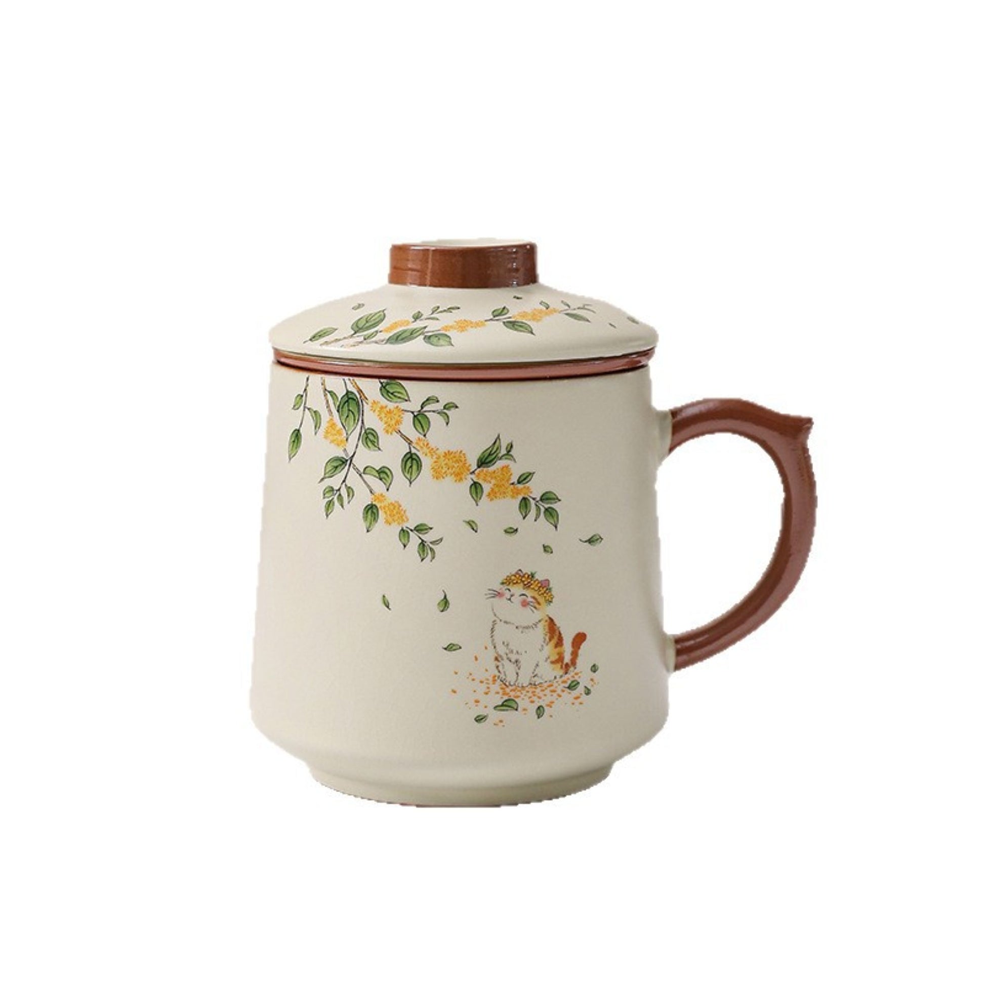 Beige Ru Kiln ceramic tea infuser mug – single cup, Cat, Koi, or Panda design