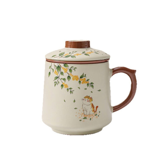 Beige Ru Kiln ceramic tea infuser mug – single cup, Cat, Koi, or Panda design