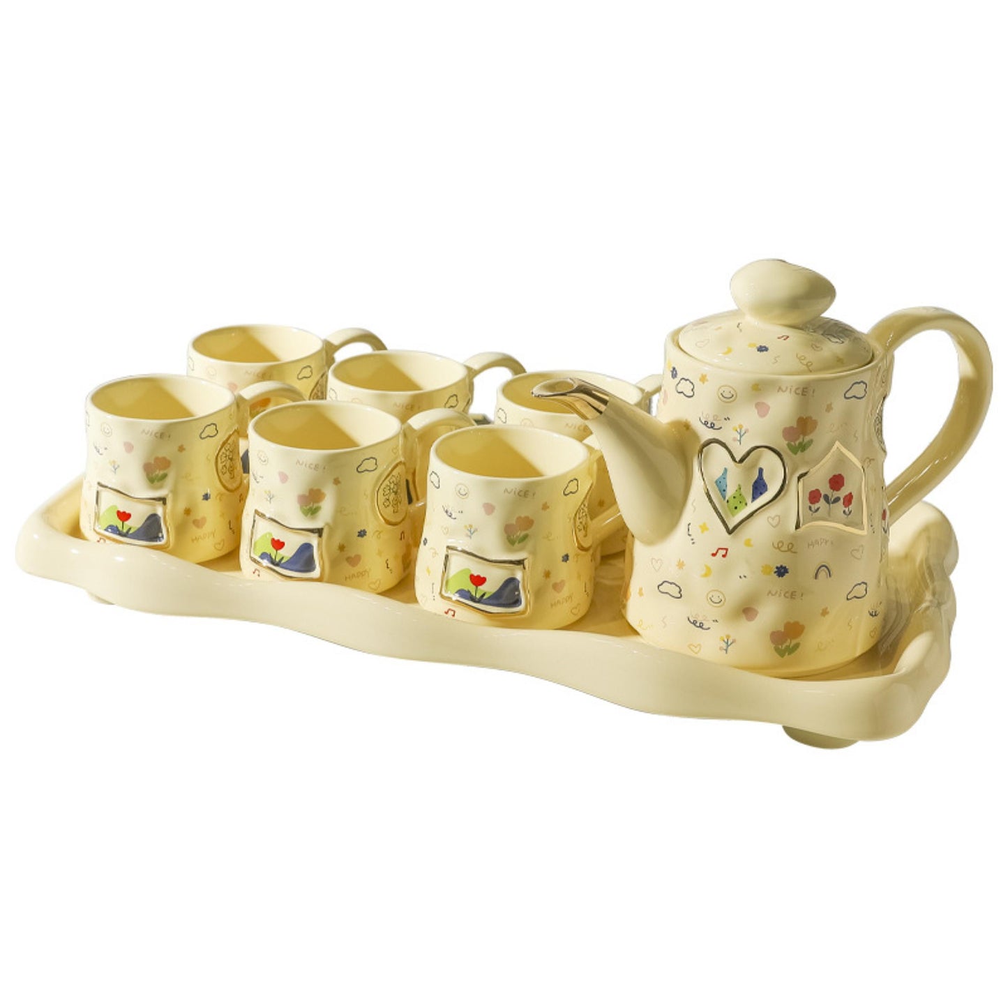 Cream-Style 8-Piece Tea Set – Floral & Graffiti Design, Heart-Peach Lid, 980ML Teapot, 300ML Cups, Tray