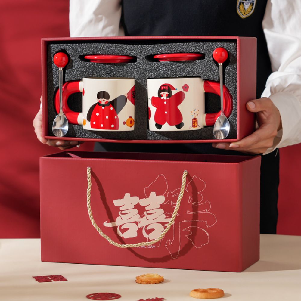 Double Happiness Couple Ceramic Mugs – Boy & Girl Design, Perfect Gift for Couples or Friends