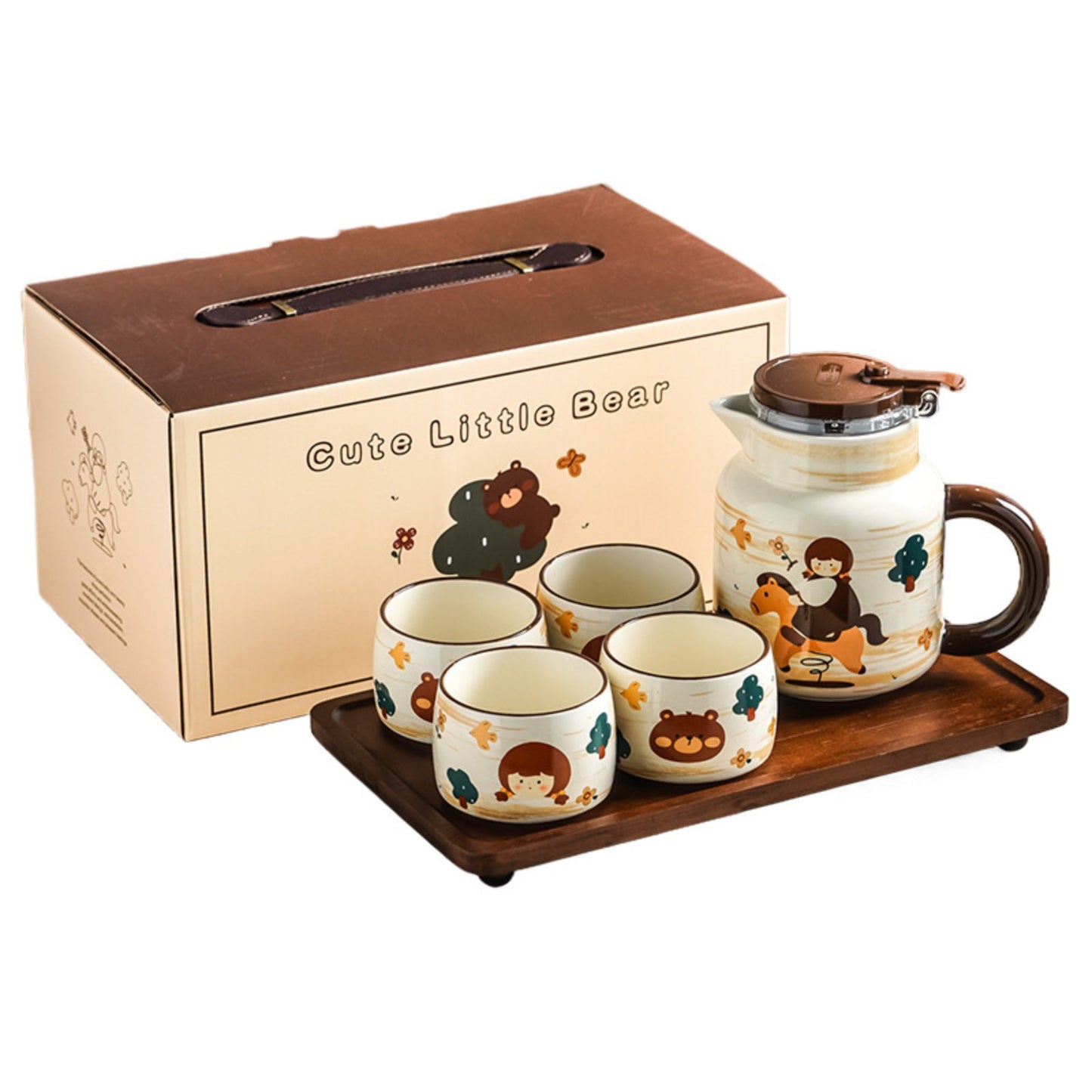 Oil painting carousel girl 1L ceramic teapot with 4 cups and wooden tray — gift box set for flower tea and afternoon tea
