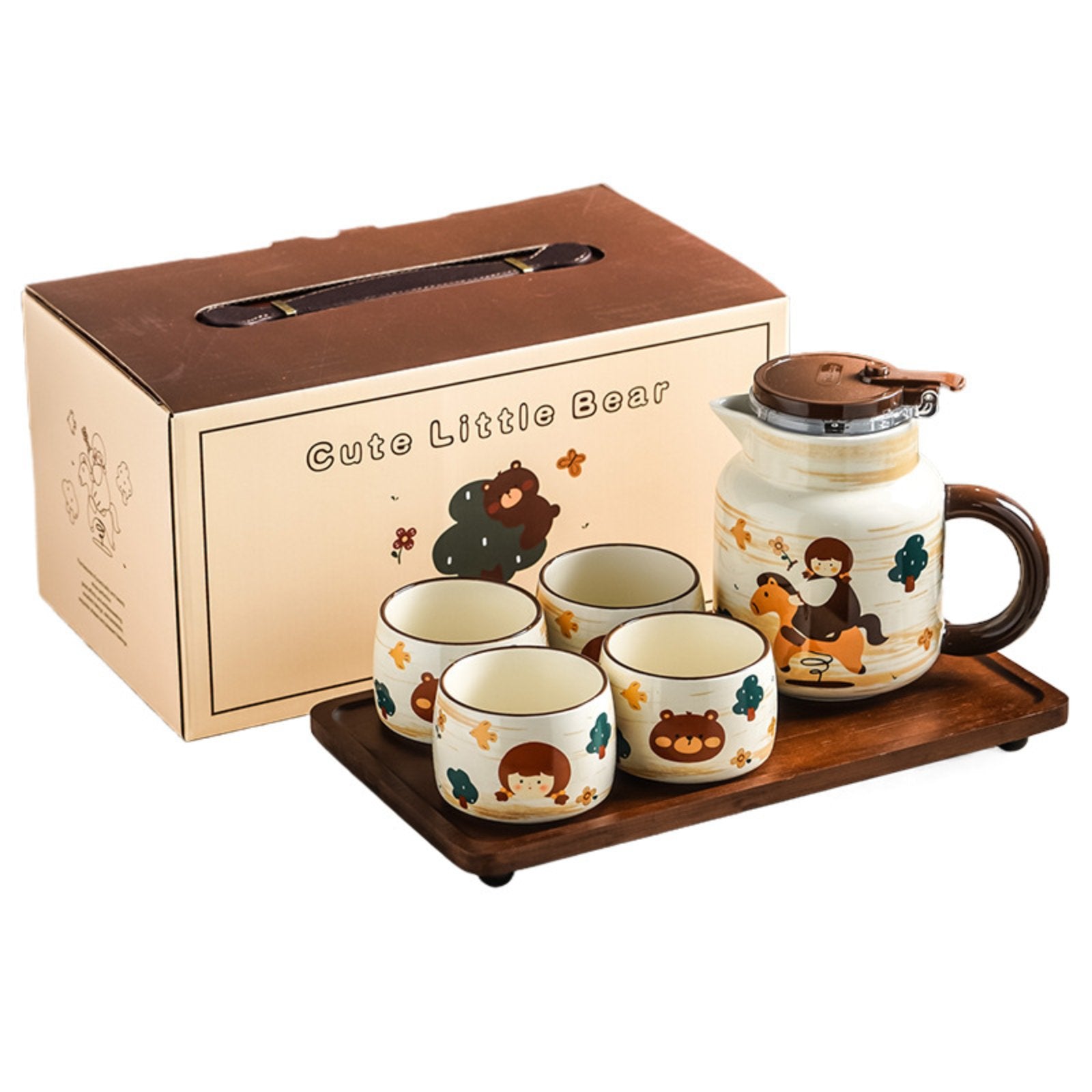 Oil painting carousel girl 1L ceramic teapot with 4 cups and wooden tray — gift box set for flower tea and afternoon tea