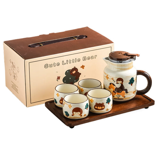 Oil painting carousel girl 1L ceramic teapot with 4 cups and wooden tray — gift box set for flower tea and afternoon tea
