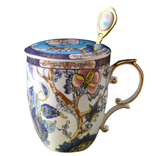 TeaCask 400ml Luxury Blue Bone China Mug with Lid & Spoon – 24K Gold Rim Ceramic Coffee Cup