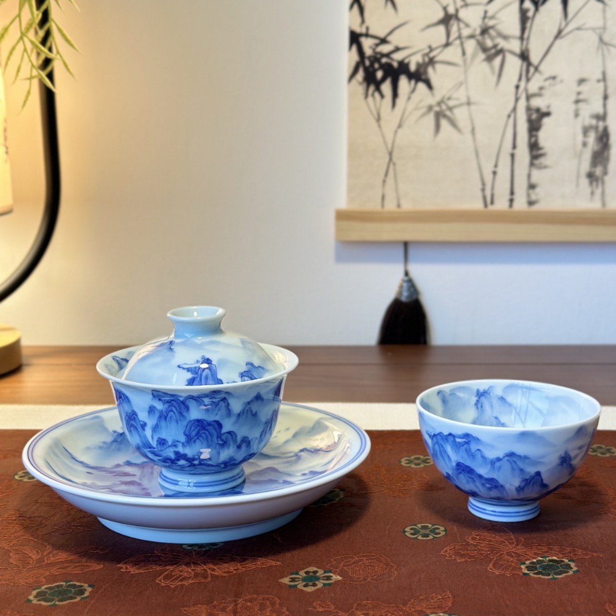 Hand-painted blue and white Jingdezhen gaiwan tea set with chicken-heart cup and saucer
