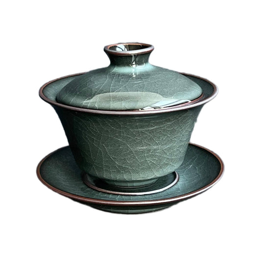 Longquan Celadon Gaiwan – Iron Clay Three-Piece Tea Bowl with Lid and Saucer