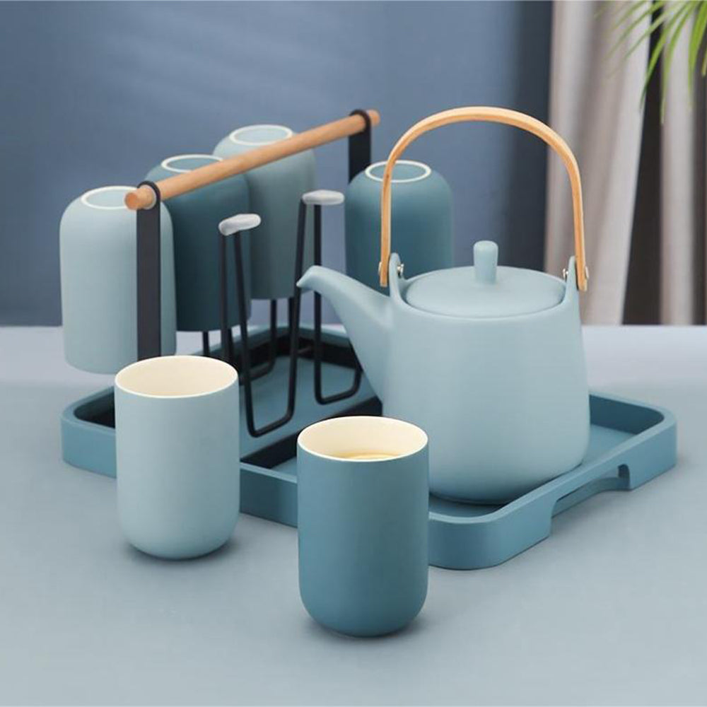 Morandi Haze Nordic Ceramic Tea Set — Teapot, 6 Cups, Tray & Shelf