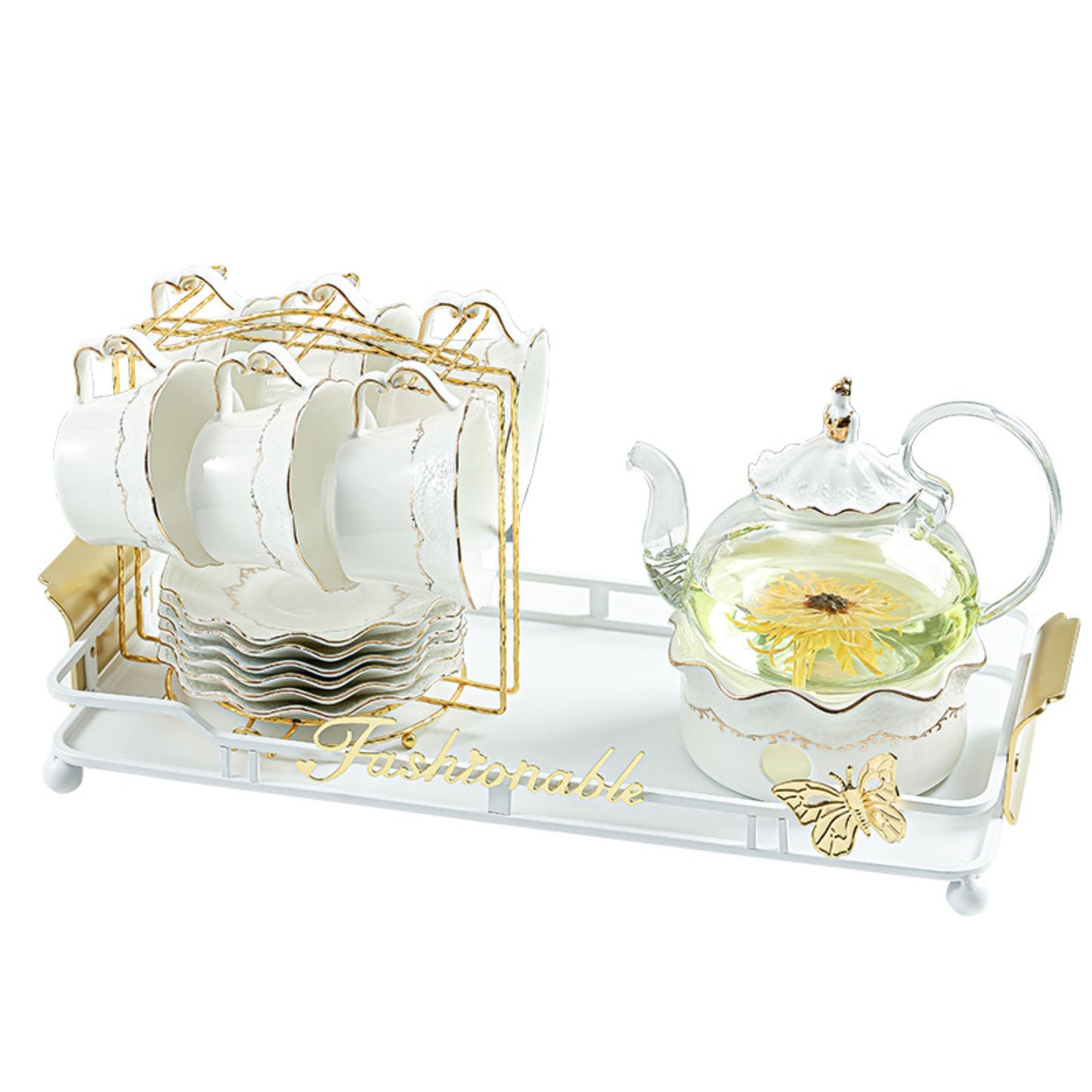 British Afternoon Tea Set with Cups, Saucers, Glass Teapot, Warmer, Cup Stand, and Optional Tray