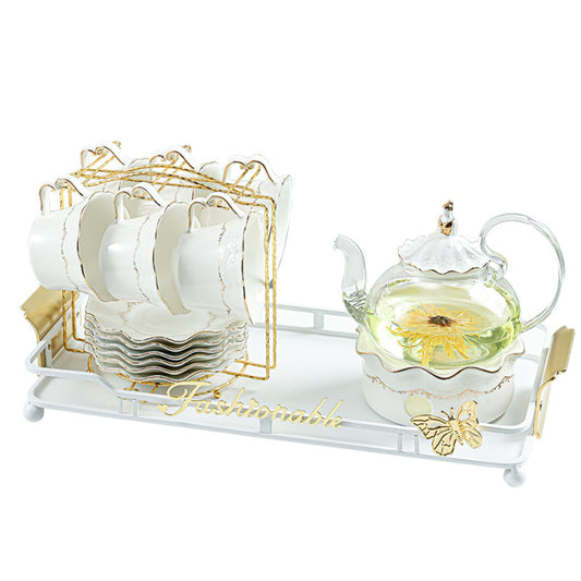 British Afternoon Tea Set with Cups, Saucers, Glass Teapot, Warmer, Cup Stand, and Optional Tray