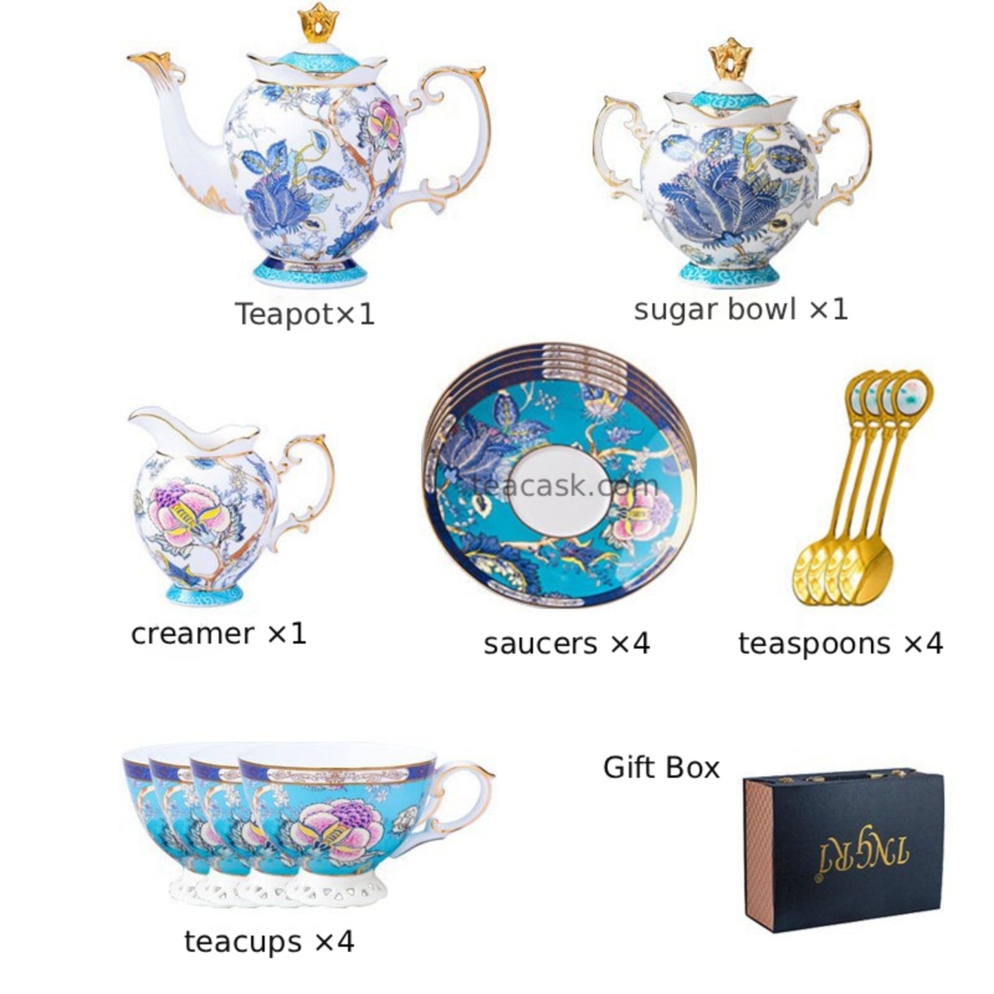 Turquoise Bone China Modern Coffee & Tea Set Gift Box – 4 Cups, 1 Teapot, Sugar Pot & Creamer