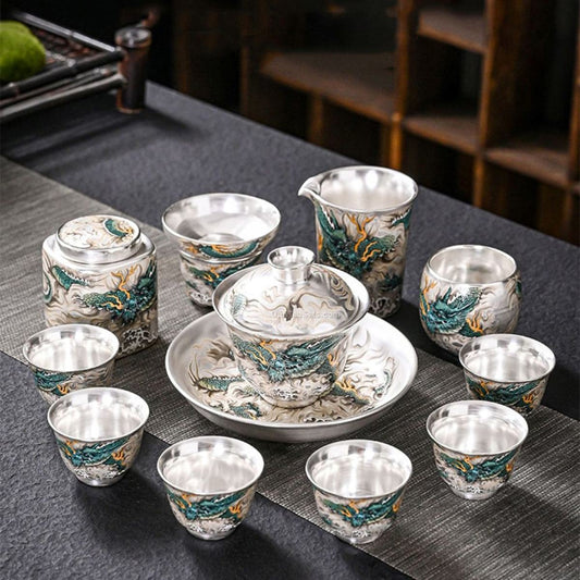 Azure Dragon Sterling Silver Tea Set – 12-Piece Chinese Gongfu Tea Set with Green Dragon Motifs