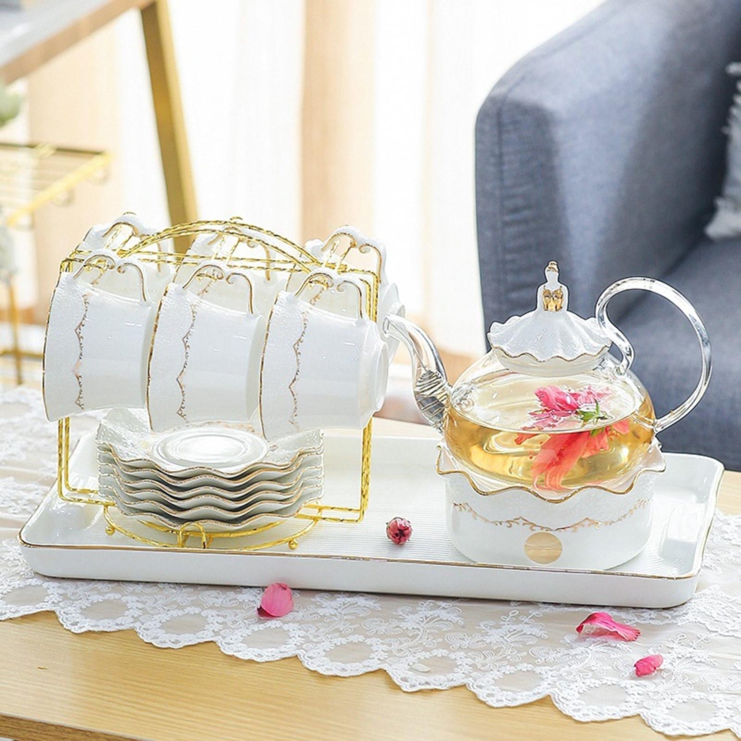 Tea Set – 6 Cups & Saucers, 650ml Glass Teapot with Warmer Stand, Cup Stand & Optional Tray, Elegant Tea Gift