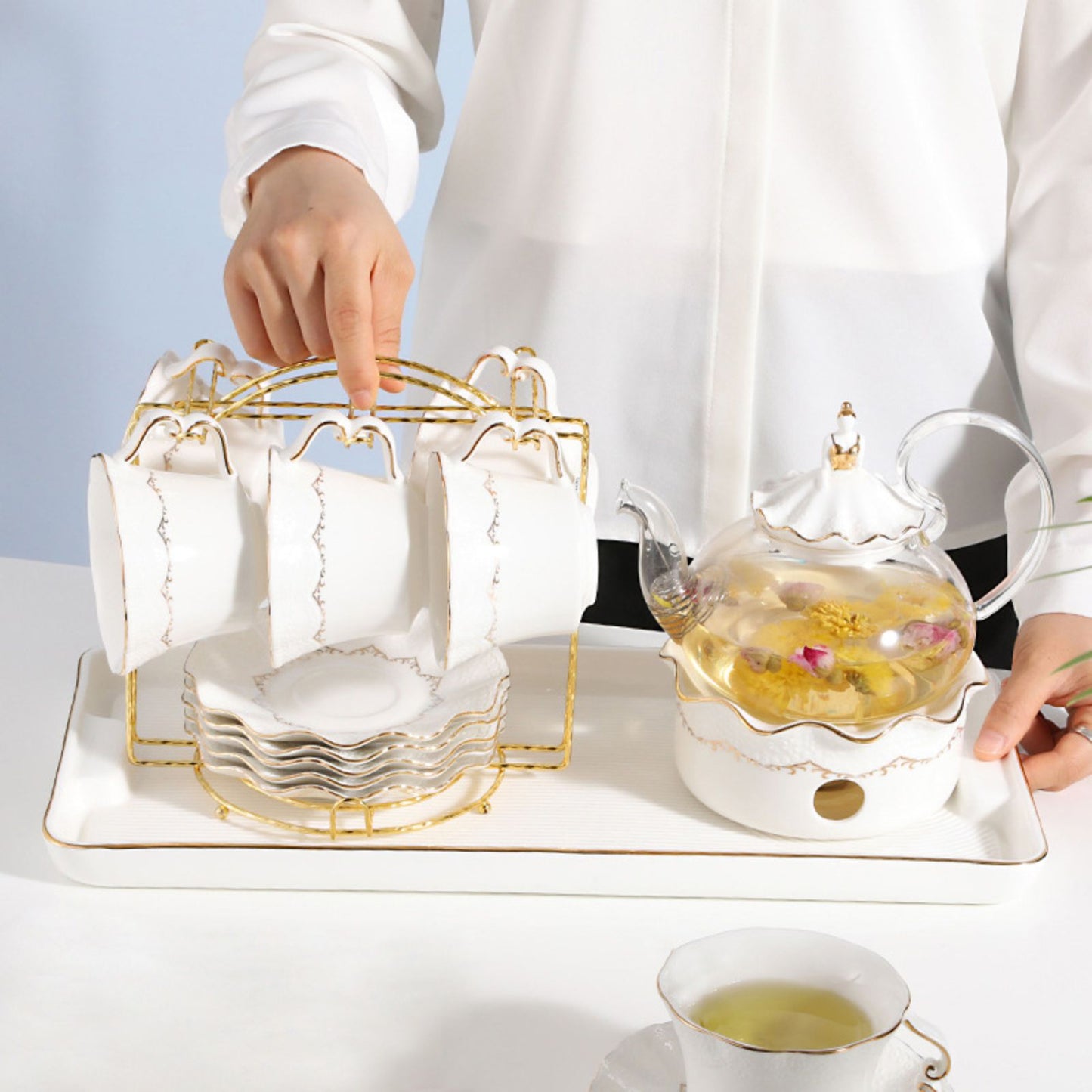 Tea Set – 6 Cups & Saucers, 650ml Glass Teapot with Warmer Stand, Cup Stand & Optional Tray, Elegant Tea Gift