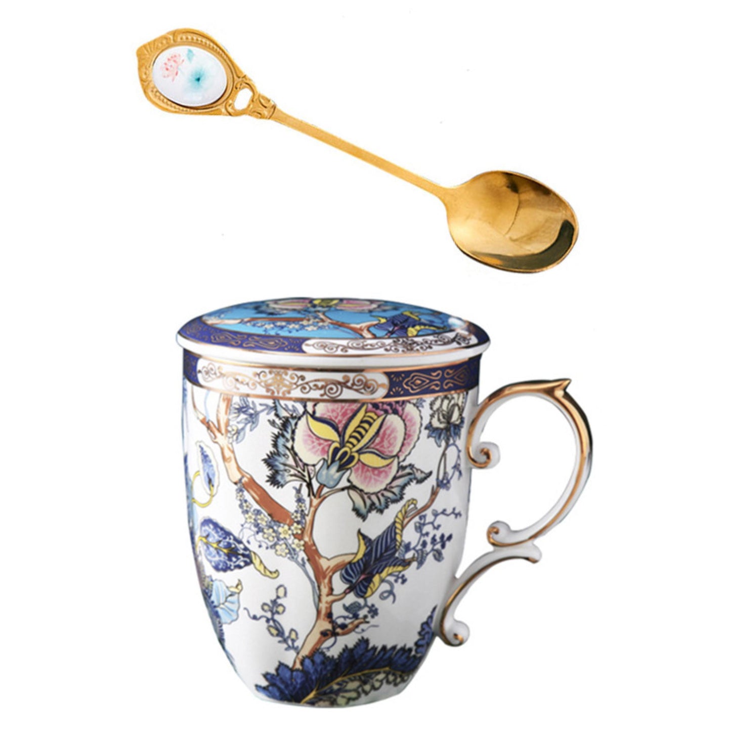 TeaCask 400ml Luxury Blue Bone China Mug with Lid & Spoon – 24K Gold Rim Ceramic Coffee Cup