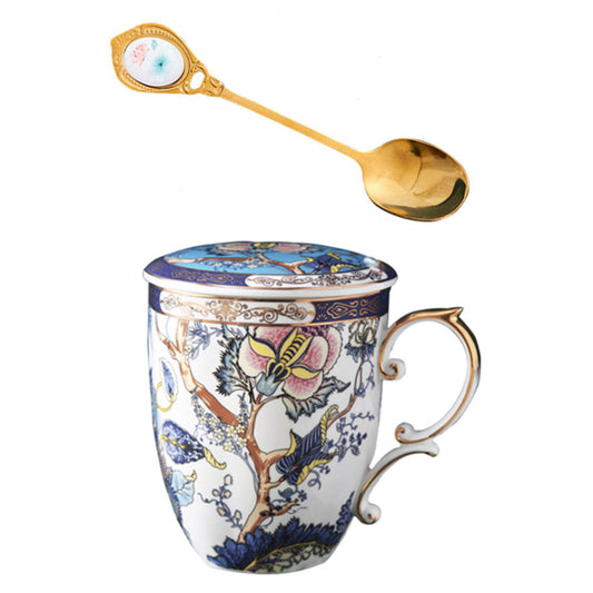 TeaCask 400ml Luxury Blue Bone China Mug with Lid & Spoon – 24K Gold Rim Ceramic Coffee Cup
