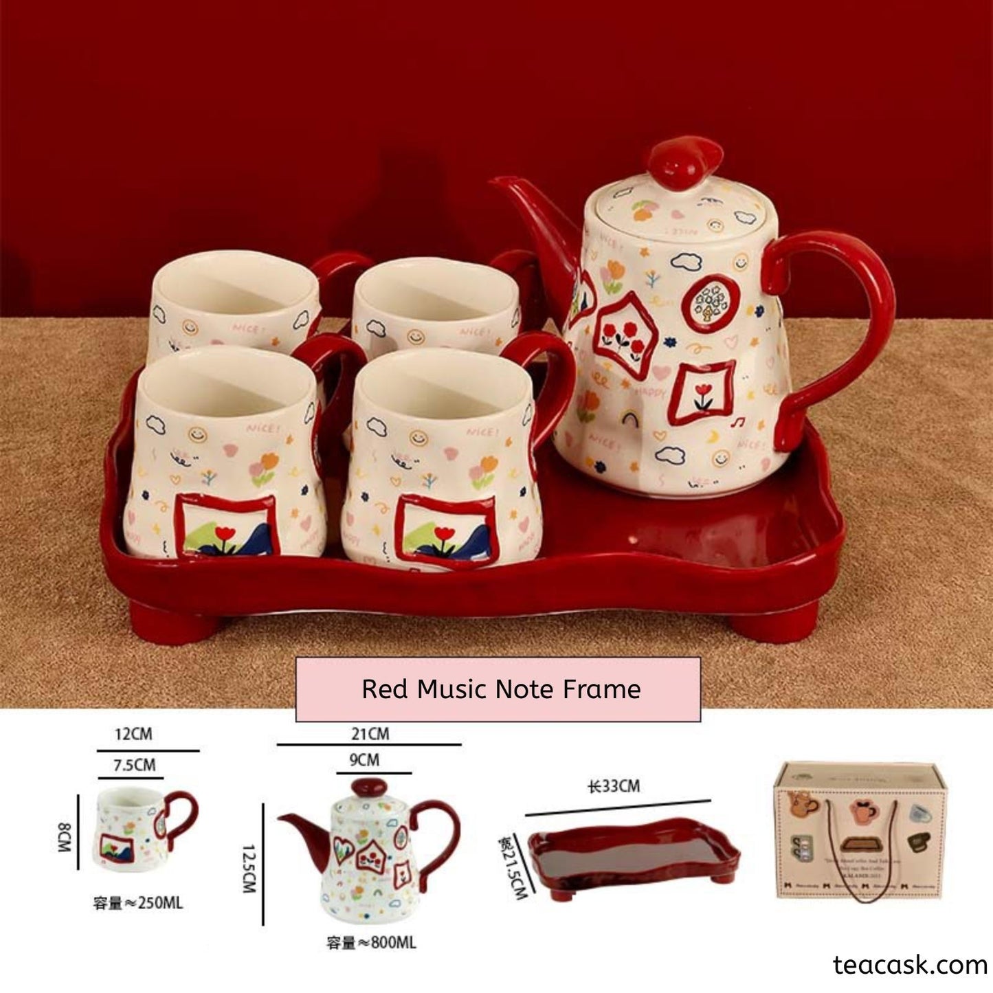 Red Music Note Creative Graffiti Teapot & Tea Cup Gift Set – 6-Piece Boxed Set with 800ML Pot, 4 Cups, and Tray