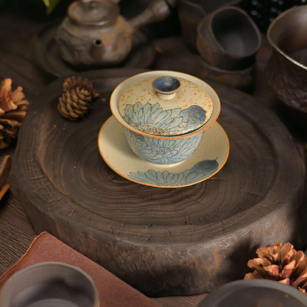 Jingdezhen Qiuci Gaiwan – Handcrafted Three-Piece Chinese Tea Bowl with Autumn Motif