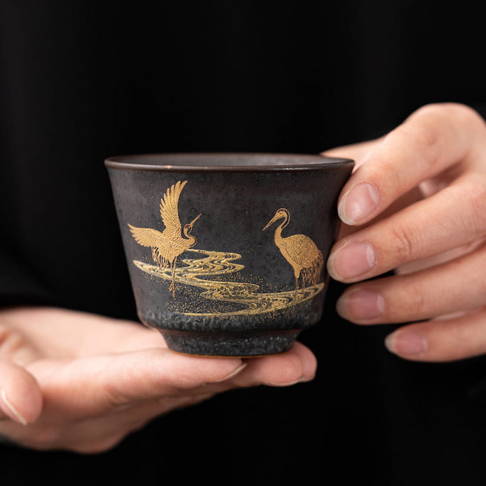 Vintage Handmade Ceramic Tea Cup – Gilded Double Cranes Design