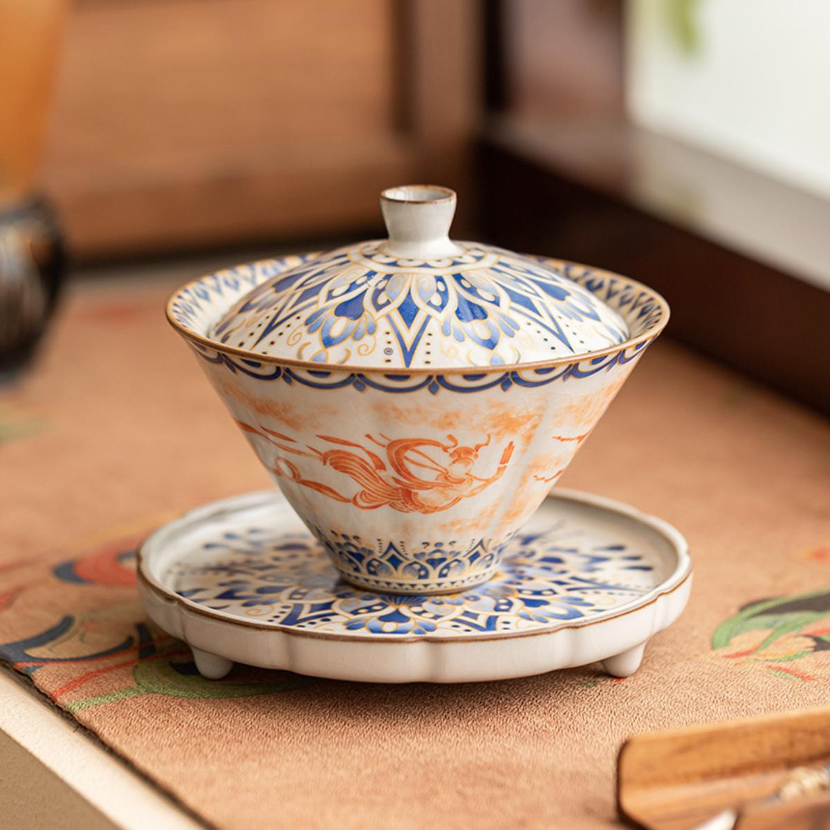 Ruyao “Dunhuang Flying Apsaras” Lid-Gaiwan (130 mL, High White Clay, Agate Glaze)