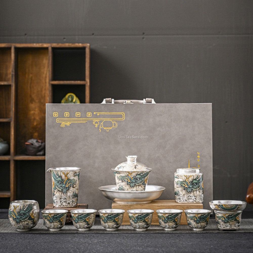 Azure Dragon Sterling Silver Tea Set – 12-Piece Chinese Gongfu Tea Set