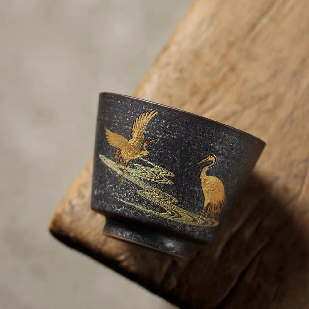 Vintage Handmade Ceramic Tea Cup – Gilded Double Cranes Design