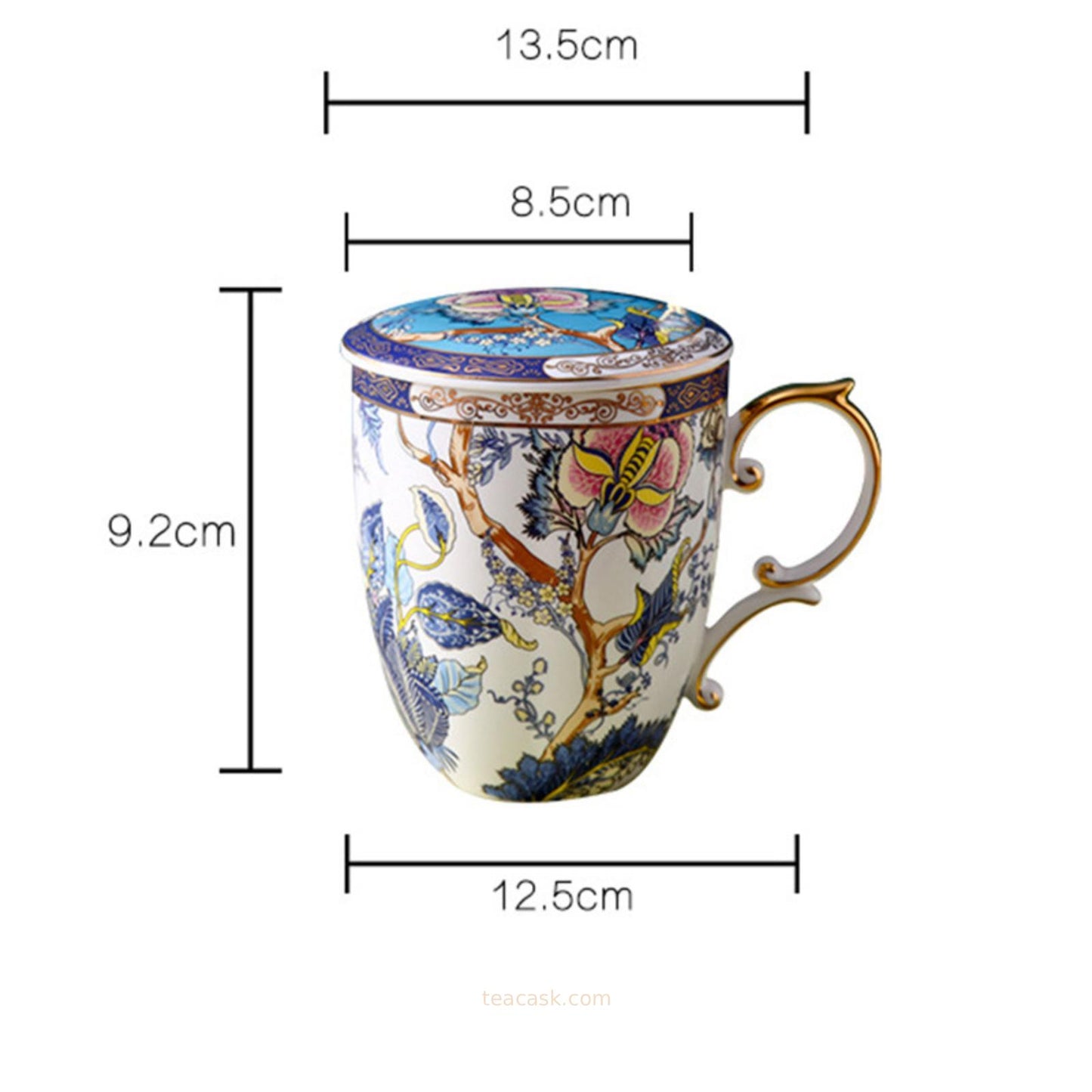 TeaCask 400ml Luxury Blue Bone China Mug with Lid & Spoon – 24K Gold Rim Ceramic Coffee Cup