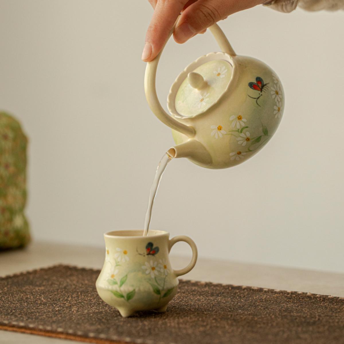 Hand-Painted Oil Daisy Ceramic Tea Set – 150ml Teapot, 2 Cups & Portable Carrying Pouch, Ideal for Afternoon Tea, Office & Gifts