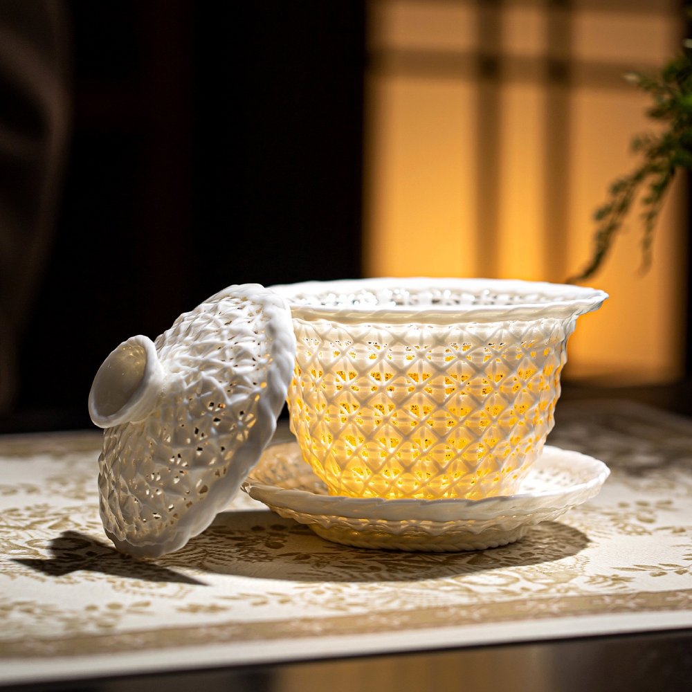 Handmade Linglong Woven Three-Piece Gaiwan 160ml White Ceramic Gongfu Tea Bowl