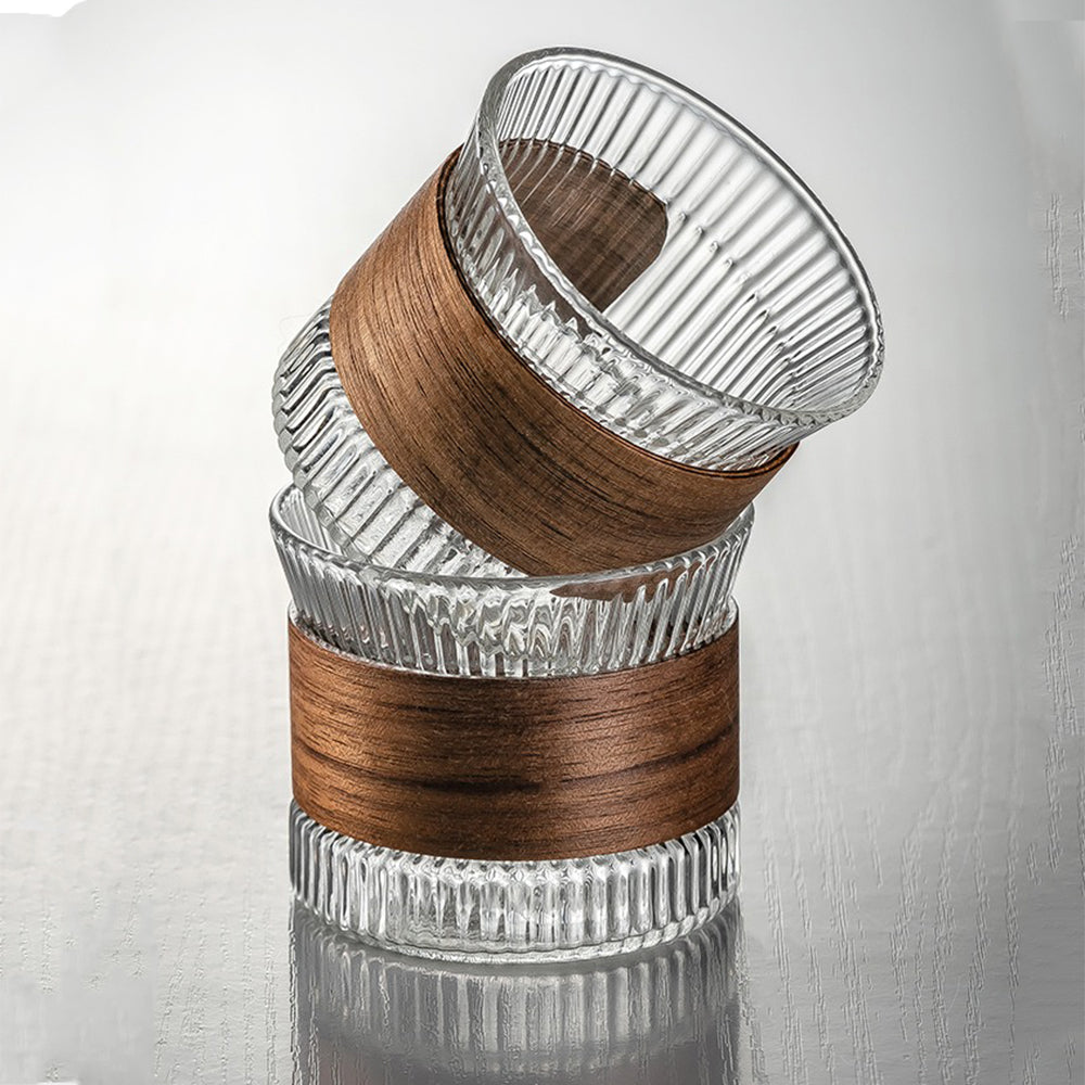 Traditional Chinese Gongfu Glass Tea Set with Vertical-Handle Striped Teapot, 6 Cups & Floral Acacia Tray