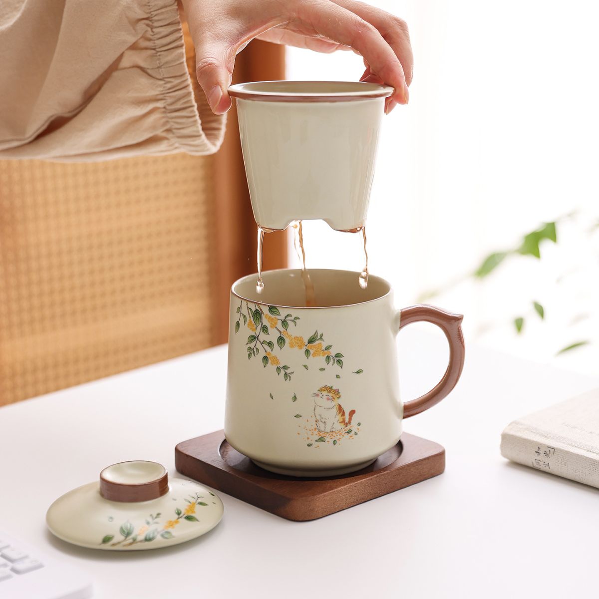 Beige Ru Kiln Large Capacity Ceramic Tea Infuser Mug – Single Cup, Cat, Koi, or Panda Design