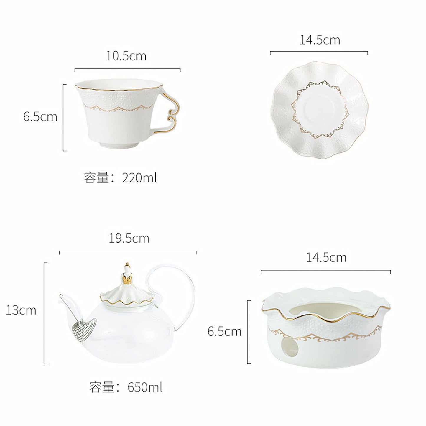 Tea Set – 6 Cups & Saucers, 650ml Glass Teapot with Warmer Stand, Cup Stand & Optional Tray, Elegant Tea Gift