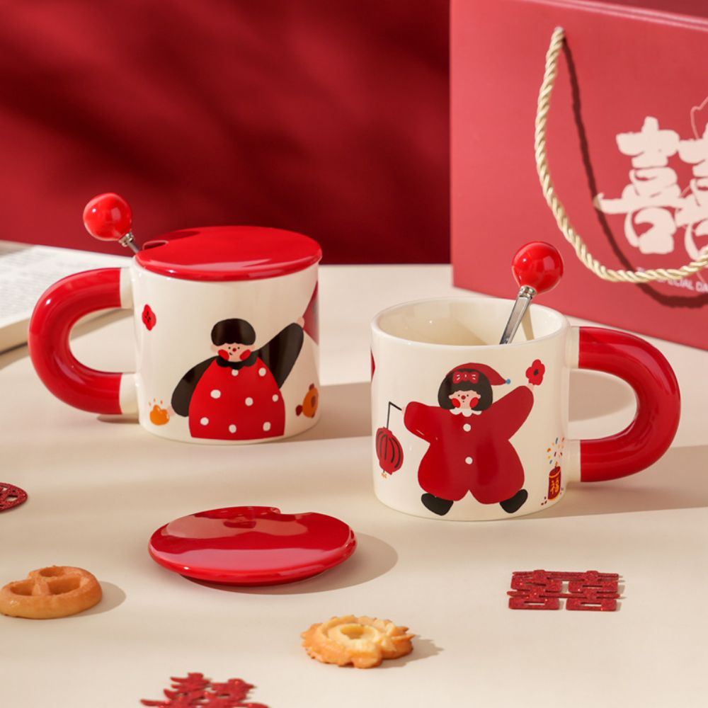 Double Happiness Couple Ceramic Mugs – Boy & Girl Design, Perfect Gift for Couples or Friends