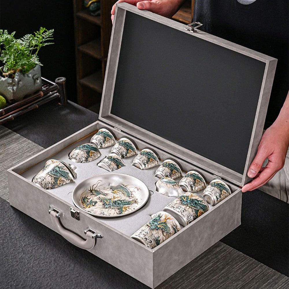 Azure Dragon Sterling Silver Tea Set – 12-Piece Chinese Gongfu Tea Set