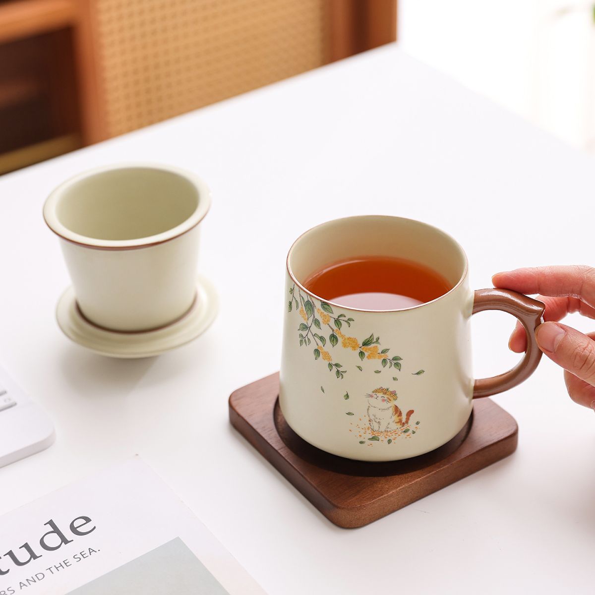 Beige Ru Kiln Large Capacity Ceramic Tea Infuser Mug – Single Cup, Cat, Koi, or Panda Design