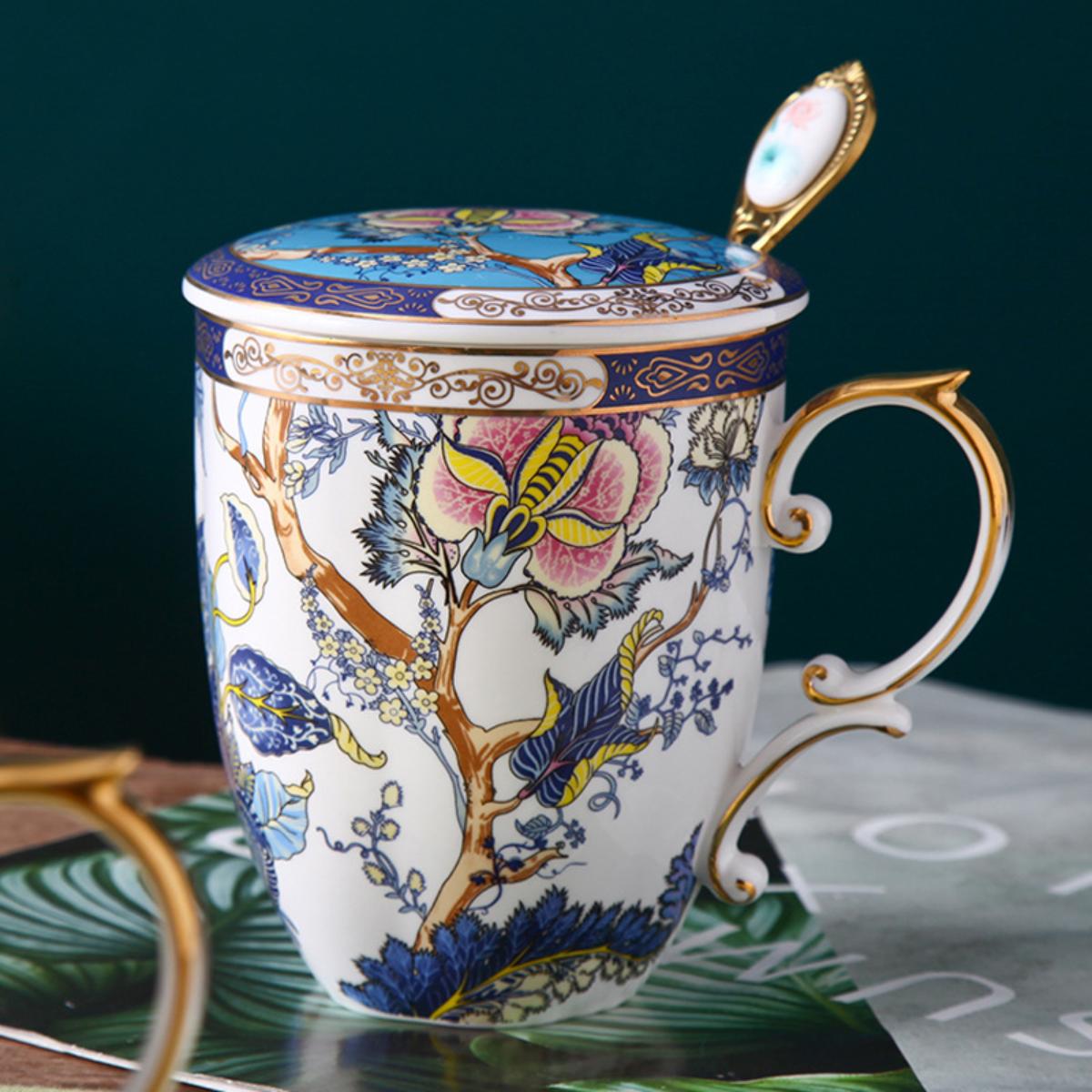 TeaCask 400ml Luxury Blue Bone China Mug with Lid & Spoon – 24K Gold Rim Ceramic Coffee Cup