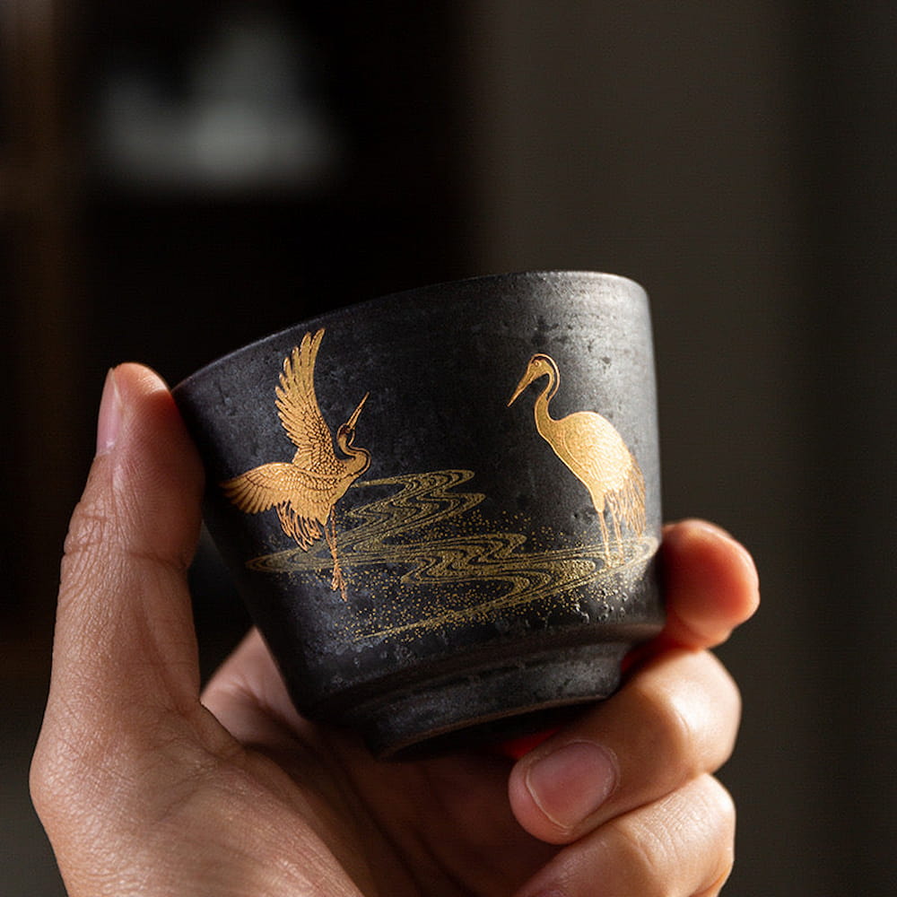 Vintage Handmade Ceramic Tea Cup – Gilded Double Cranes Design