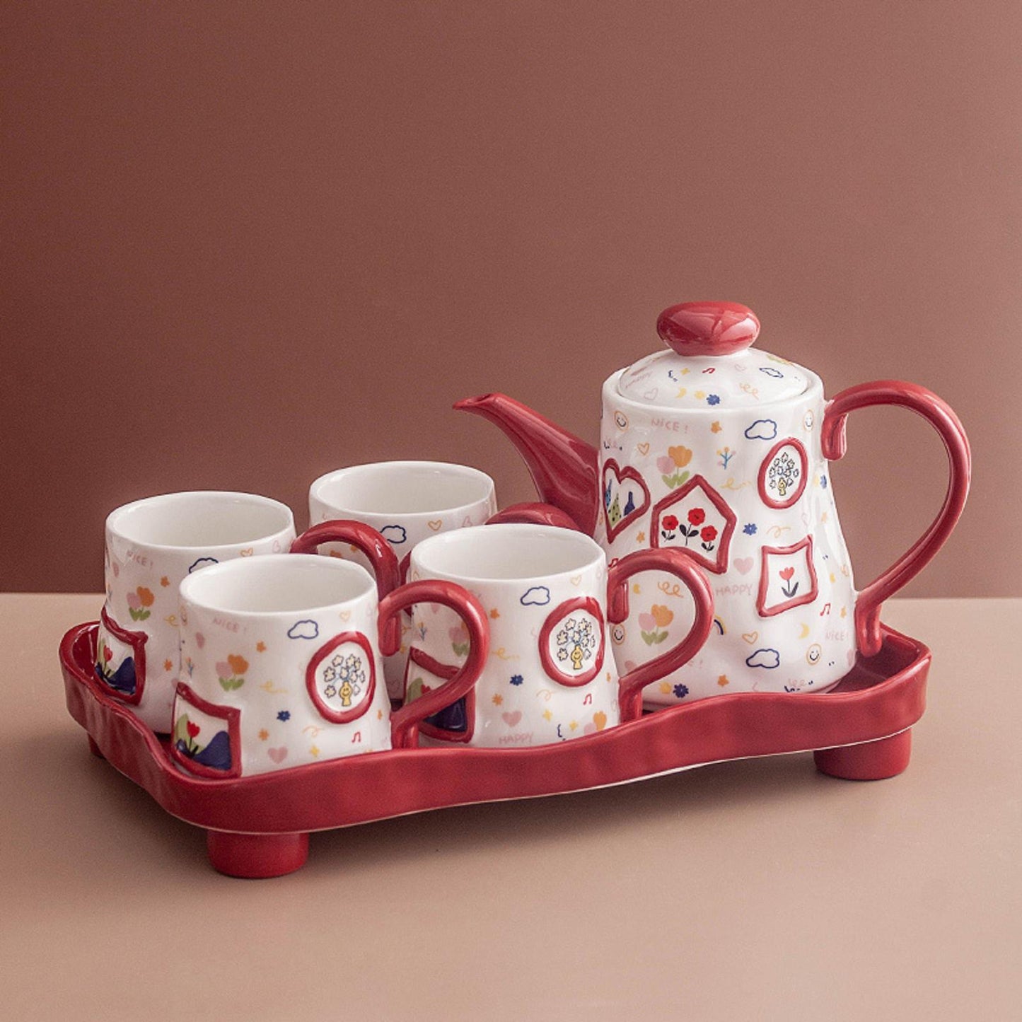 Red Music Note Creative Graffiti Teapot & Tea Cup Gift Set – 6-Piece Boxed Set with 800ML Pot, 4 Cups, and Tray