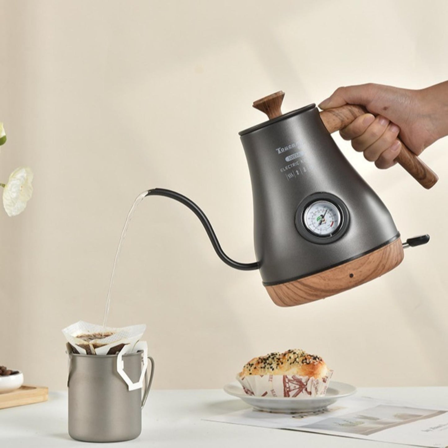 Electric Gooseneck Kettle with Temperature Gauge – 304 Stainless Steel Fast Heating Tea Kettle