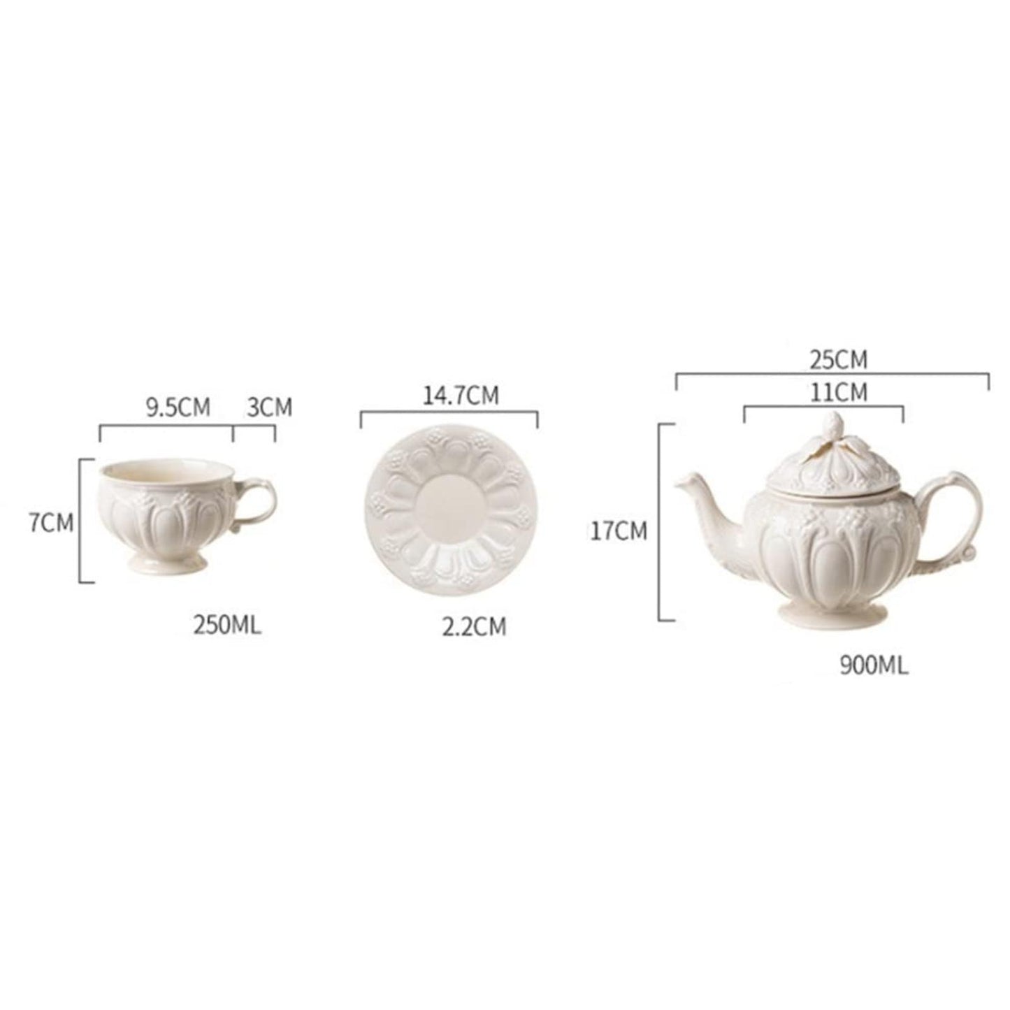 Handcrafted Embossed Vintage Palace Tea Set – Porcelain Teapot and Cup with Saucer for Afternoon Tea