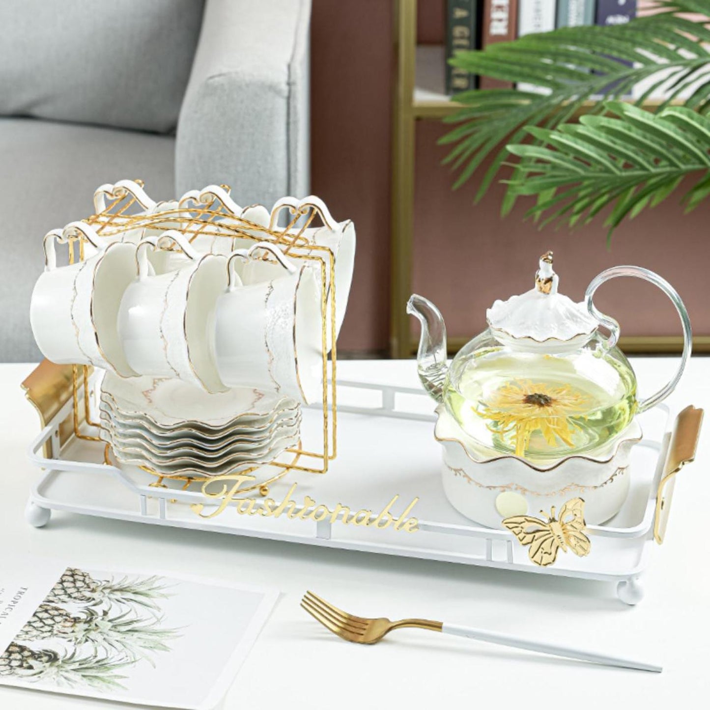 Tea Set – 6 Cups & Saucers, 650ml Glass Teapot with Warmer Stand, Cup Stand & Optional Tray, Elegant Tea Gift