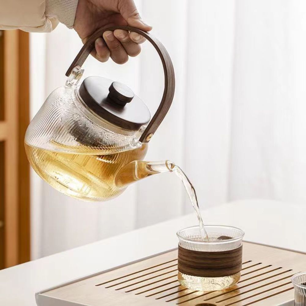 Traditional Chinese Gongfu Glass Tea Set with Vertical-Handle Striped Teapot, 6 Cups & Floral Acacia Tray