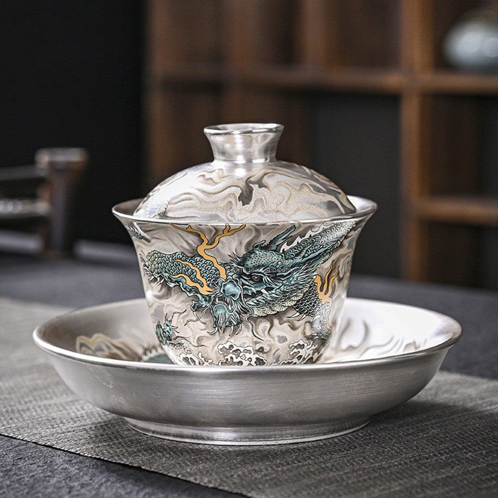 Azure Dragon Sterling Silver Tea Set – 12-Piece Chinese Gongfu Tea Set