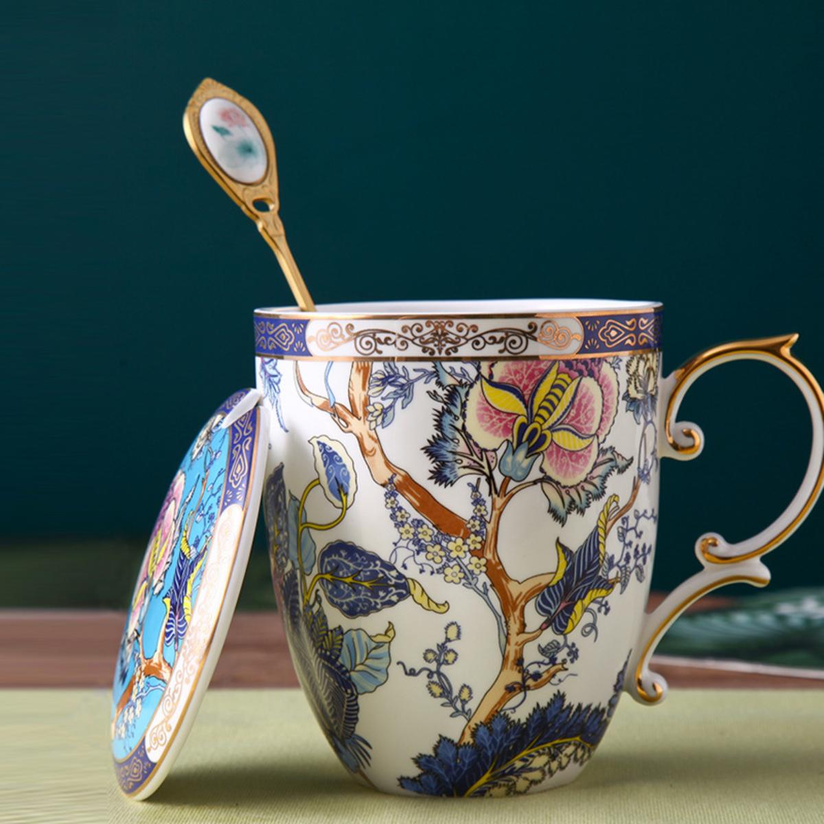 TeaCask 400ml Luxury Blue Bone China Mug with Lid & Spoon – 24K Gold Rim Ceramic Coffee Cup