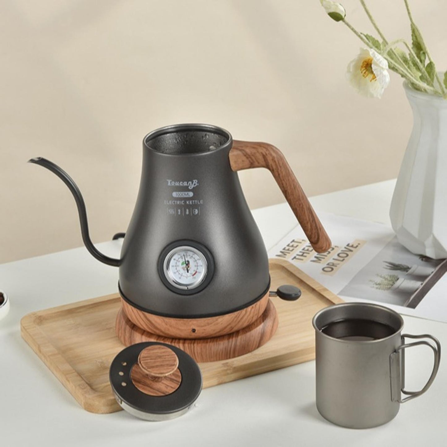Electric Gooseneck Kettle with Temperature Gauge – 304 Stainless Steel Fast Heating Tea Kettle