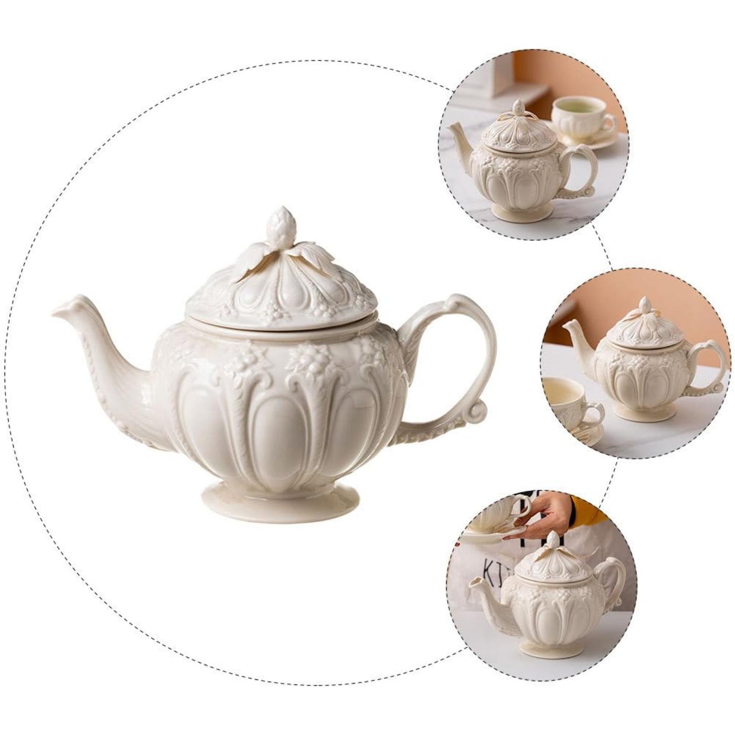 Handcrafted Embossed Vintage Palace Tea Set – Porcelain Teapot and Cup with Saucer for Afternoon Tea