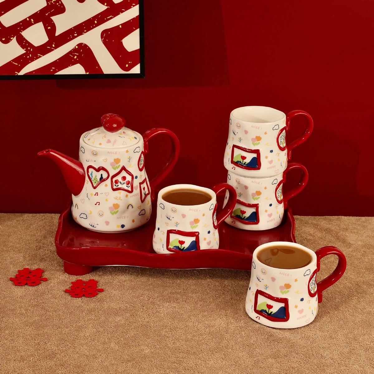 Red Music Note Creative Graffiti Teapot & Tea Cup Gift Set – 6-Piece Boxed Set with 800ML Pot, 4 Cups, and Tray