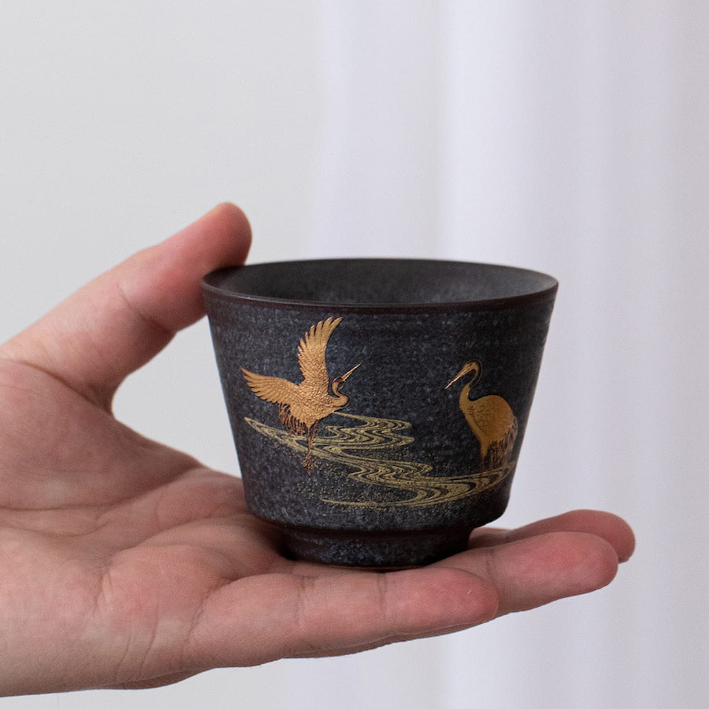 Vintage Handmade Ceramic Tea Cup – Gilded Double Cranes Design
