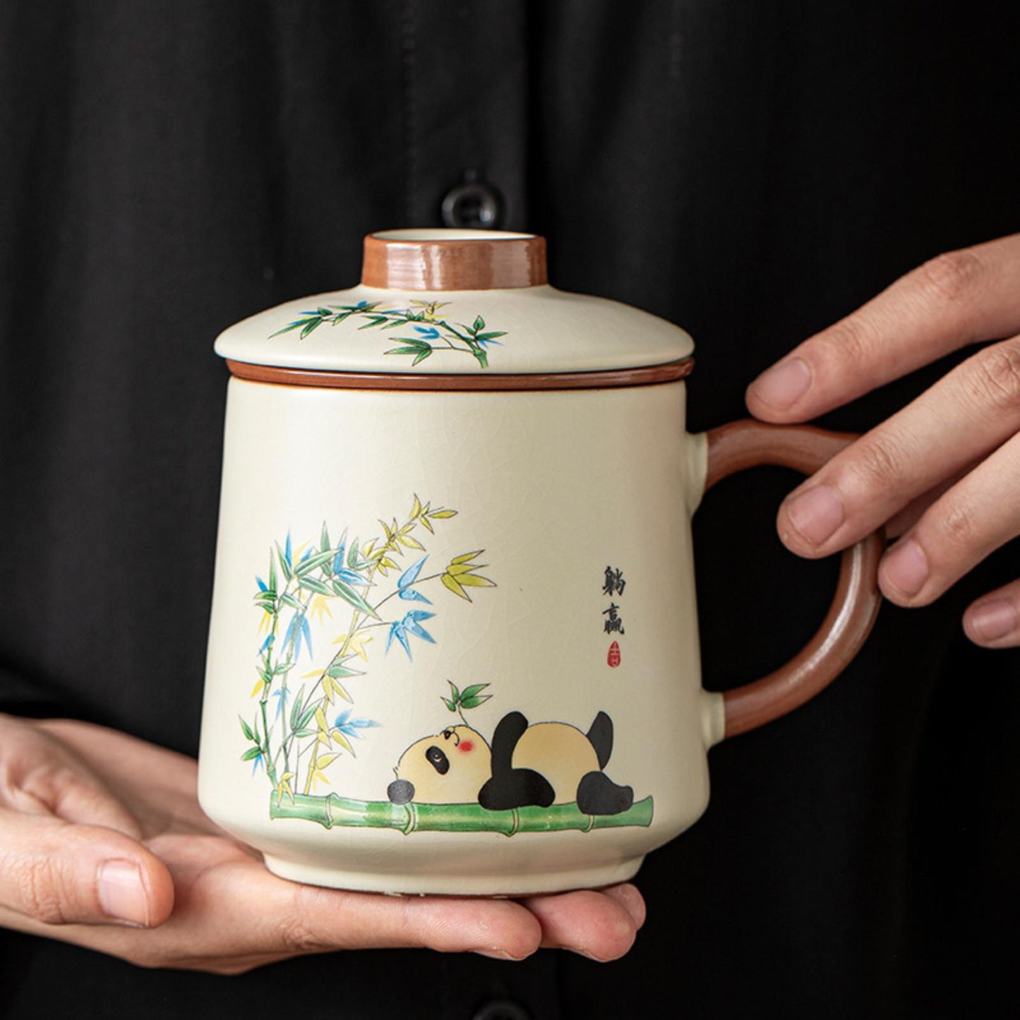 Beige Ru Kiln Large Capacity Ceramic Tea Infuser Mug – Single Cup, Cat, Koi, or Panda Design