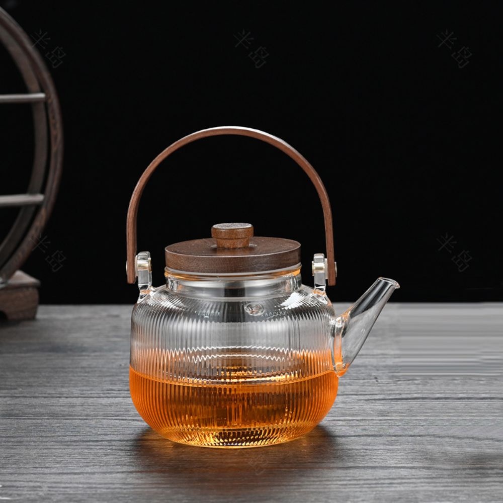 Traditional Chinese Gongfu Glass Tea Set with Vertical-Handle Striped Teapot, 6 Cups & Floral Acacia Tray